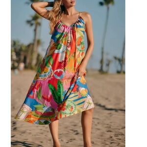 chinese dress ladies Palm Tree Eyelet Blush Pink Sleeveless Midi Dress